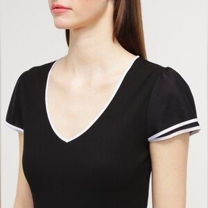 Lauren Ralph Lauren ribbed Black tee Puff Sleeve White Trim academia